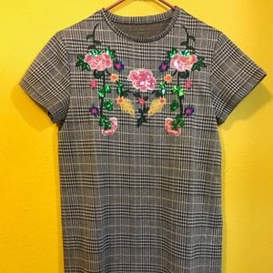 SHEIN plaid dress, floral sequin embroidery